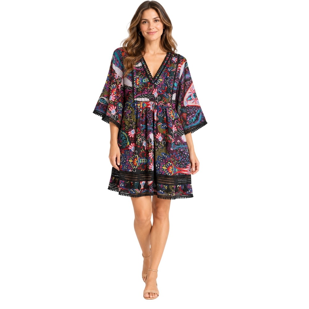 Ranna Gill Anthropologie Viola Kimono Mini Dress 6 Excellent Boho Bell Sleeve